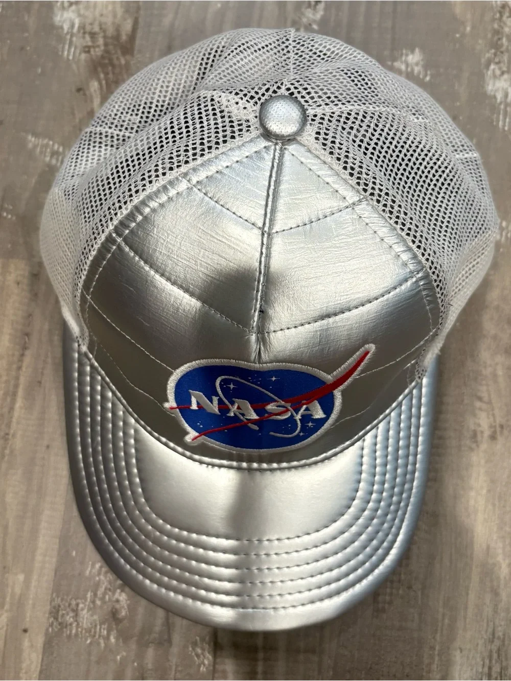 NASA Space Logo Embroidered Silver Shiny Trucker Hat Cap White Mesh SnapBack